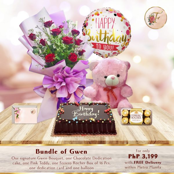 bouquet, cake, chocolate, balloon, teddy bear