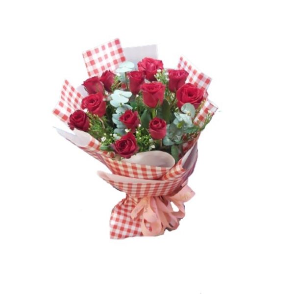 12 PCS RED ROSES BOUQUET IN A CHECKERED WRAAPPER