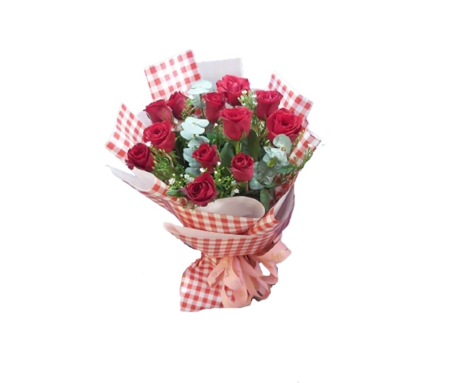 12 PCS RED ROSES BOUQUET IN A CHECKERED WRAAPPER