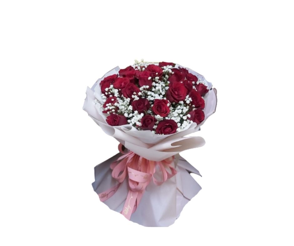 2 dozen red roses bouquet in a white wrapper