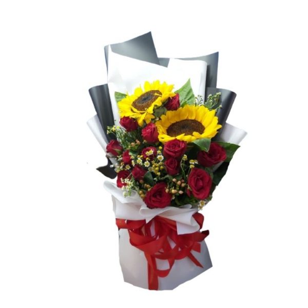 2 PCS SUNFLOWER WITH 12 PCS RED ROSES